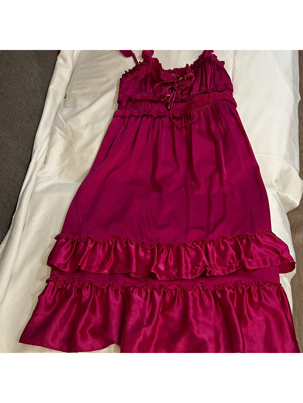 Hansen & Gretel Womens M Pink Satin Sleeveless Ruffle Tie Strap Midi Slip Dress